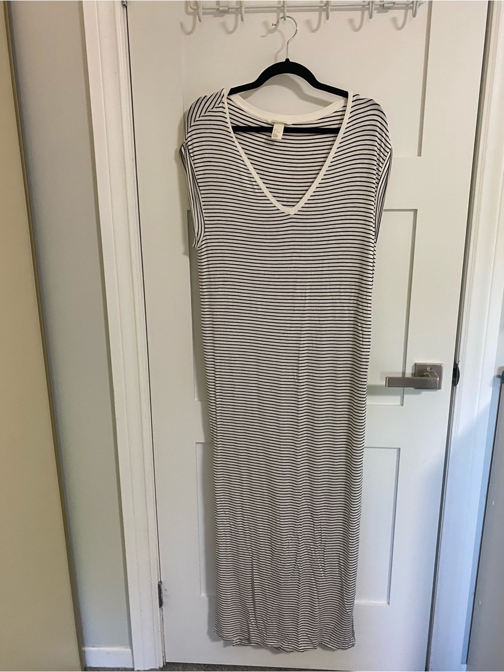 Striped V-Neck Maxi Dress in White and Black